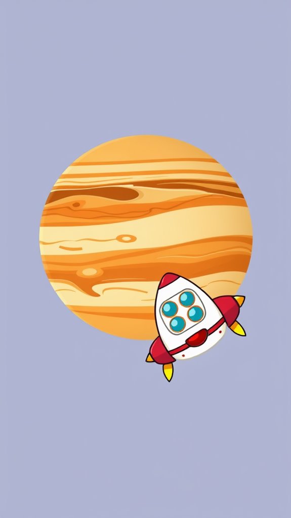 cartoon spaceship orbiting jupiter