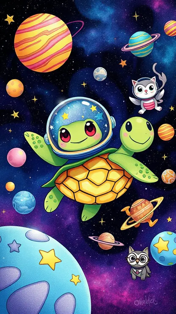 playful turtle among planets