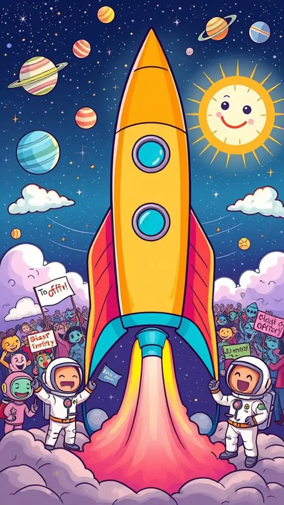 whimsical rocket launch illustration