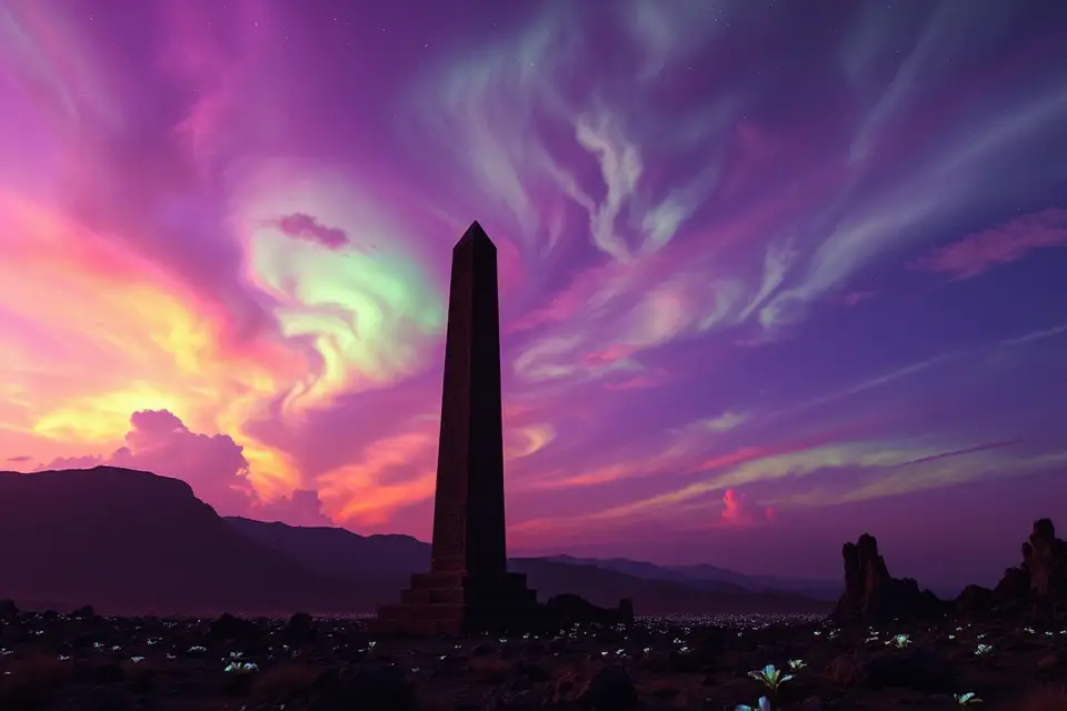 alien obelisk under vibrant sky