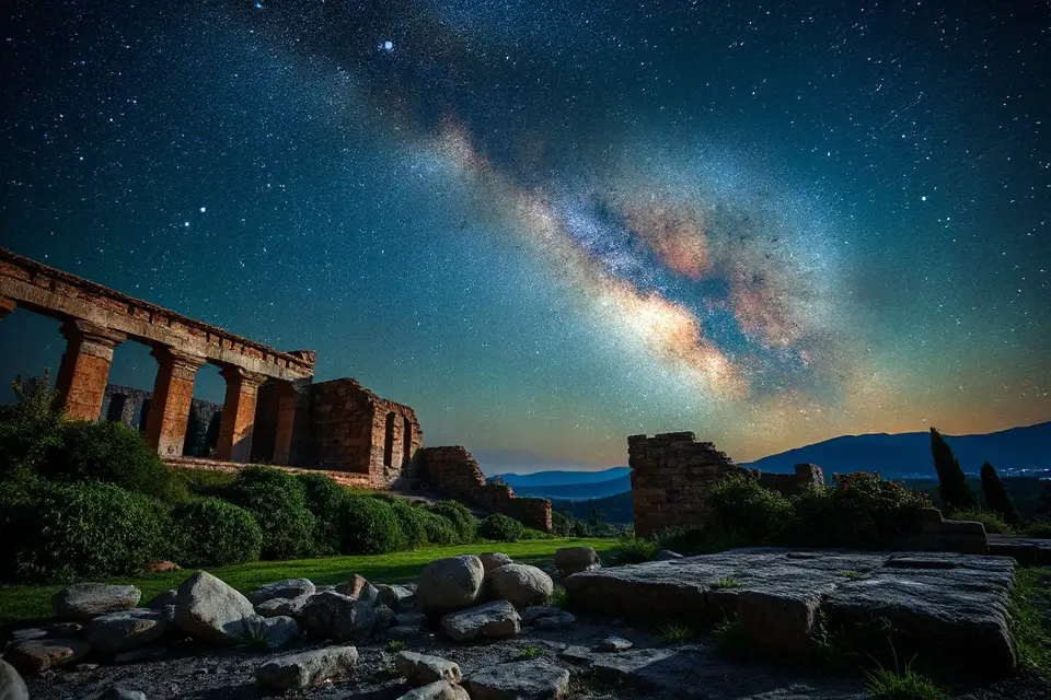 ancient ruins under stars