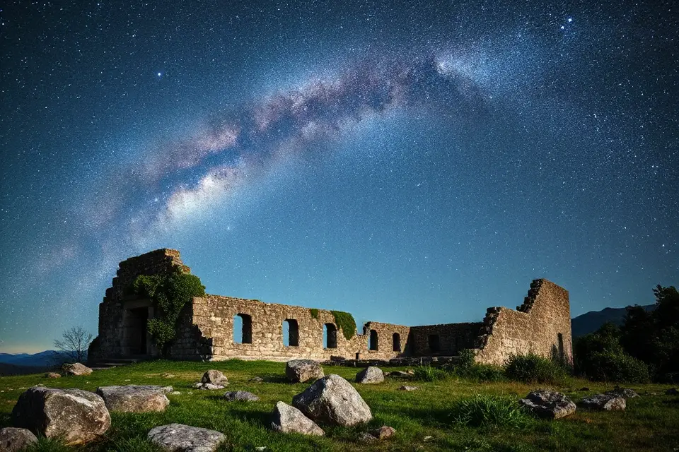 ancient ruins under stars