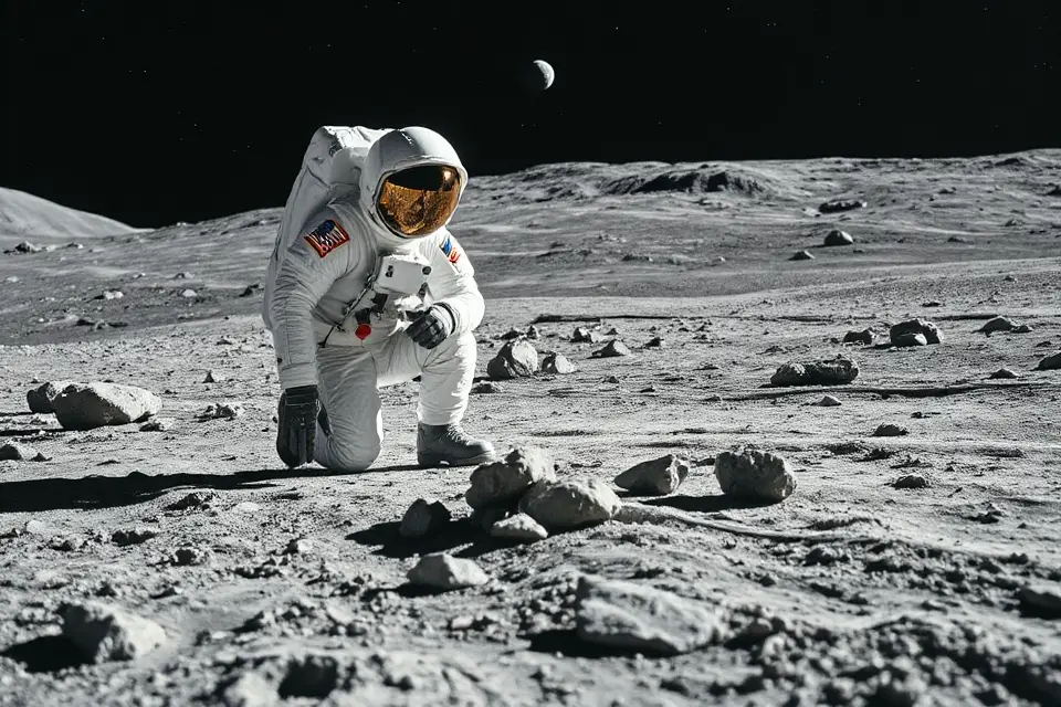 astronaut analyzing lunar rocks