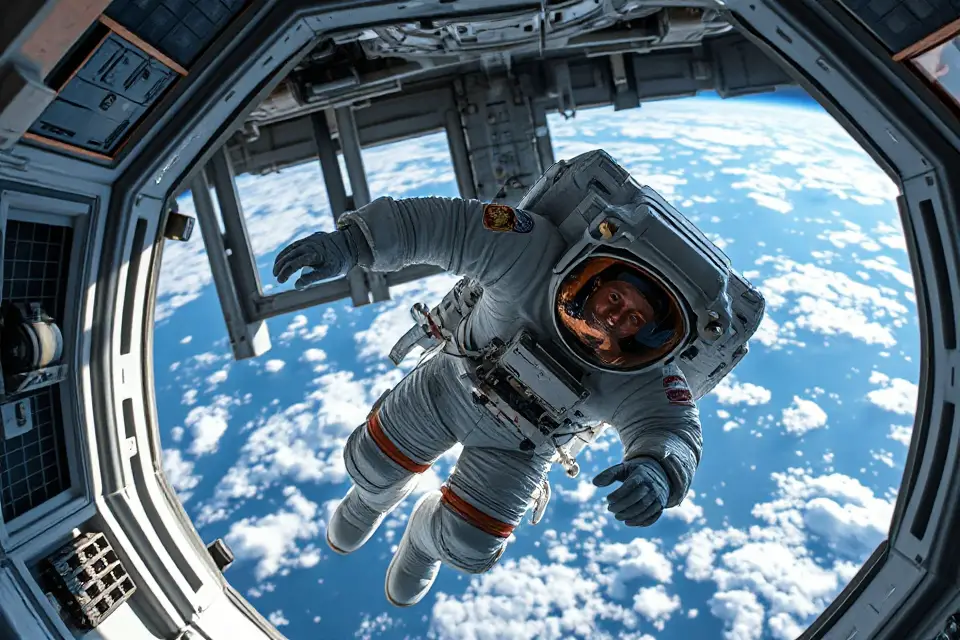 astronaut and satellite in space