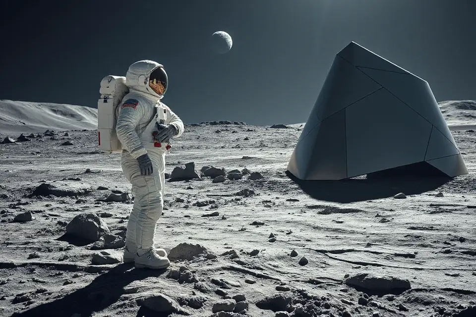 astronaut beside futuristic structure