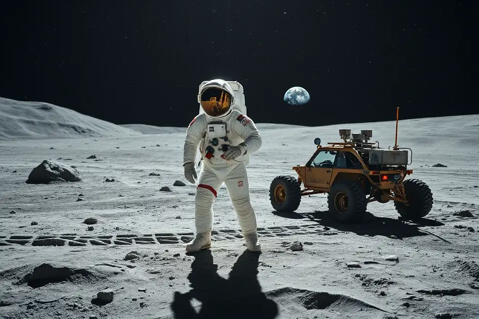 astronaut beside lunar rover