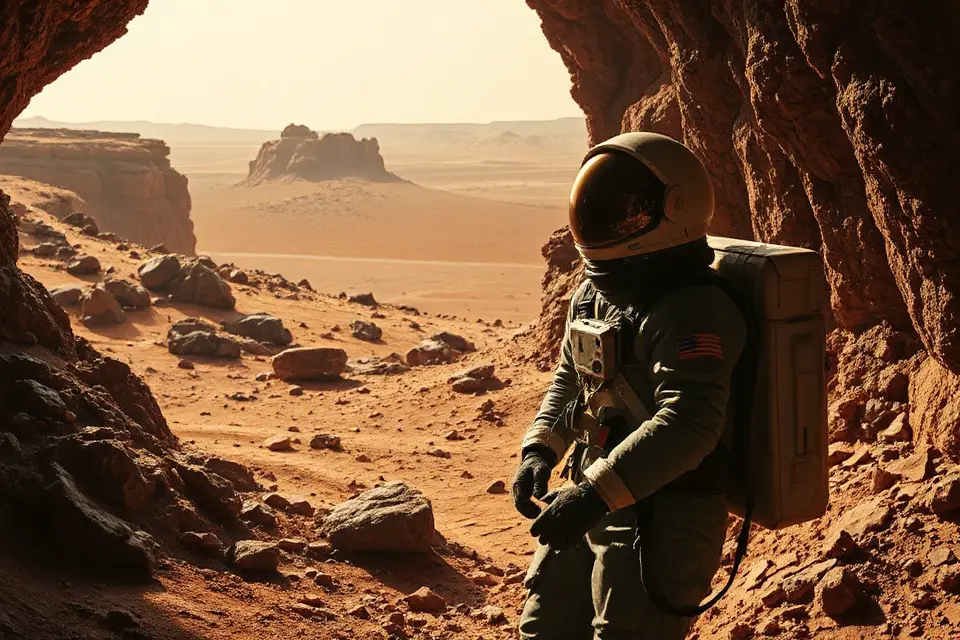 astronaut explores martian cave
