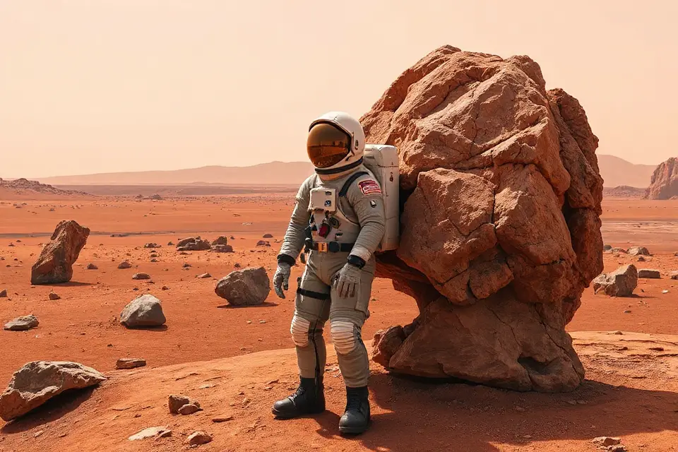 astronaut explores martian landscape