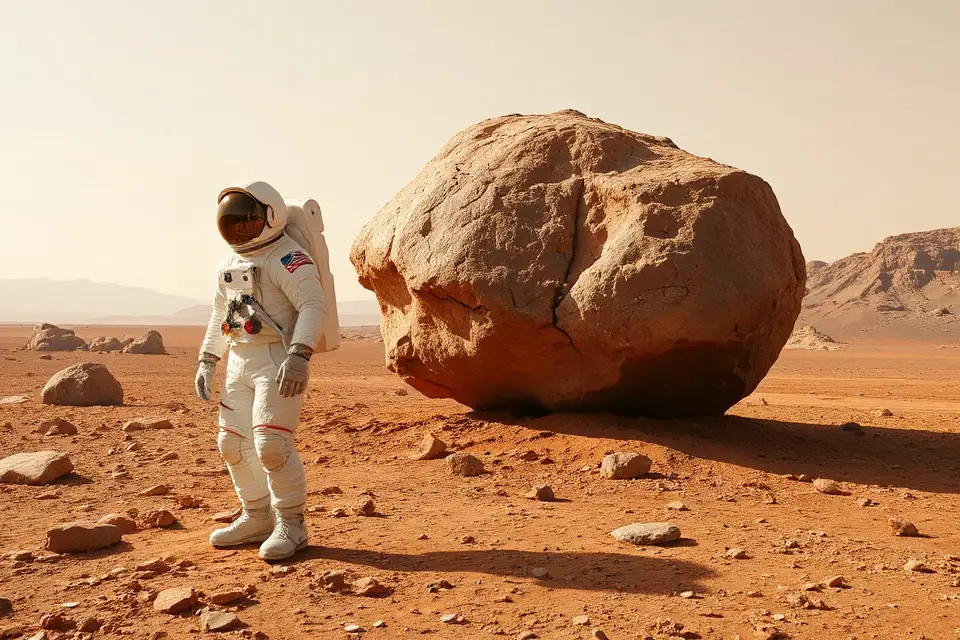 astronaut explores martian landscape
