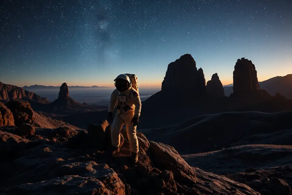 astronaut exploring alien landscape