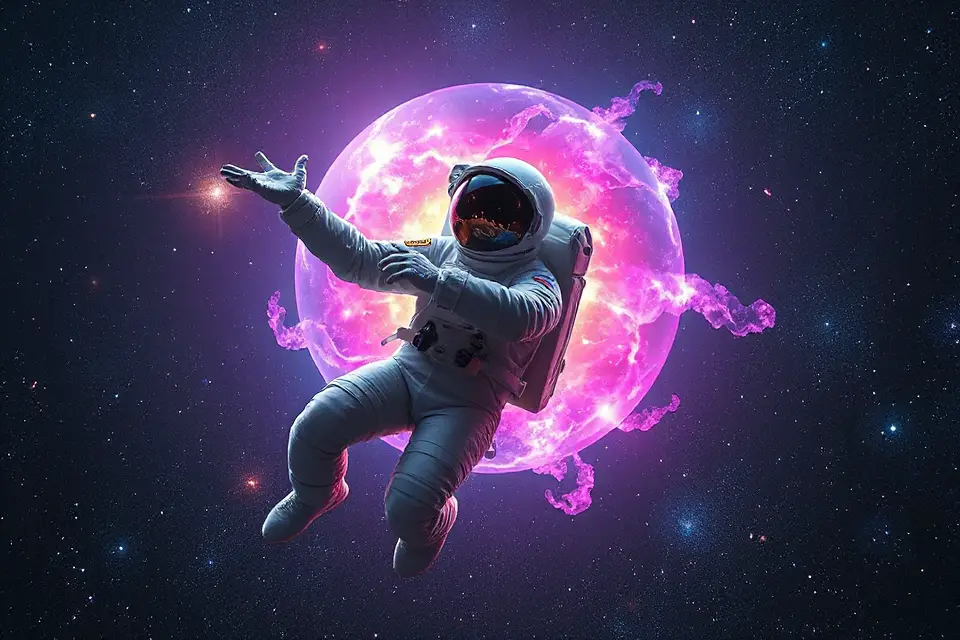 astronaut floating among galaxies