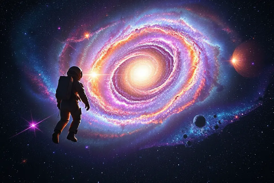 astronaut floating in galaxy