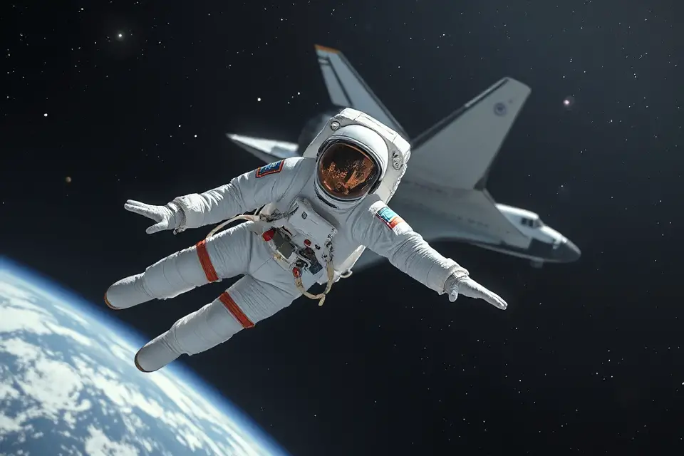 astronaut floating near shuttle