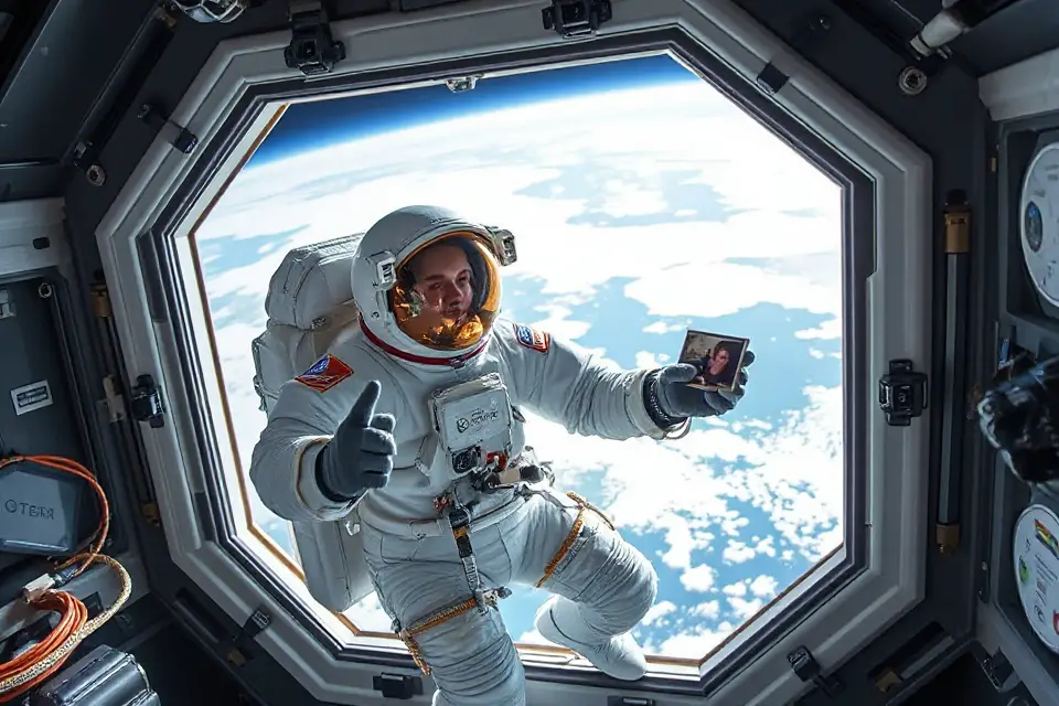 astronaut holds personal item