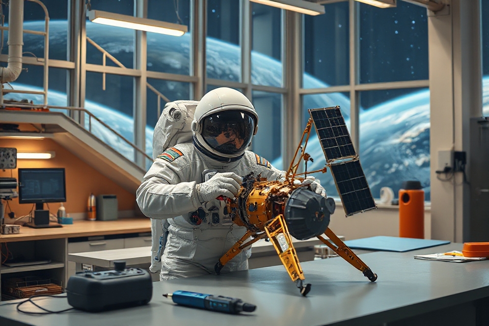 astronaut inspecting satellite model
