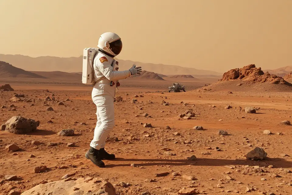 astronaut interacts with robot