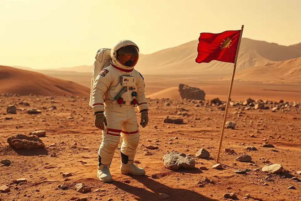 astronaut planting flag mars