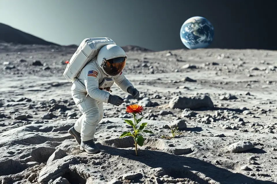 astronaut planting flower moon