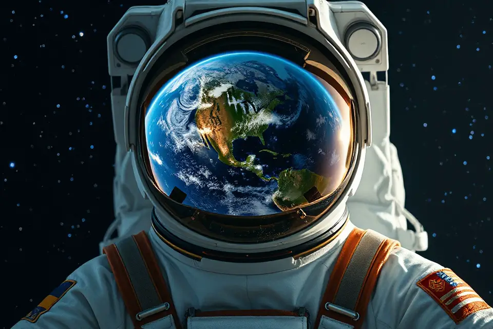 astronaut reflection earth backdrop