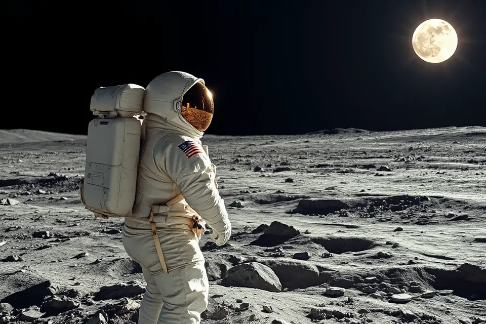 astronaut reflection moonlit landscape
