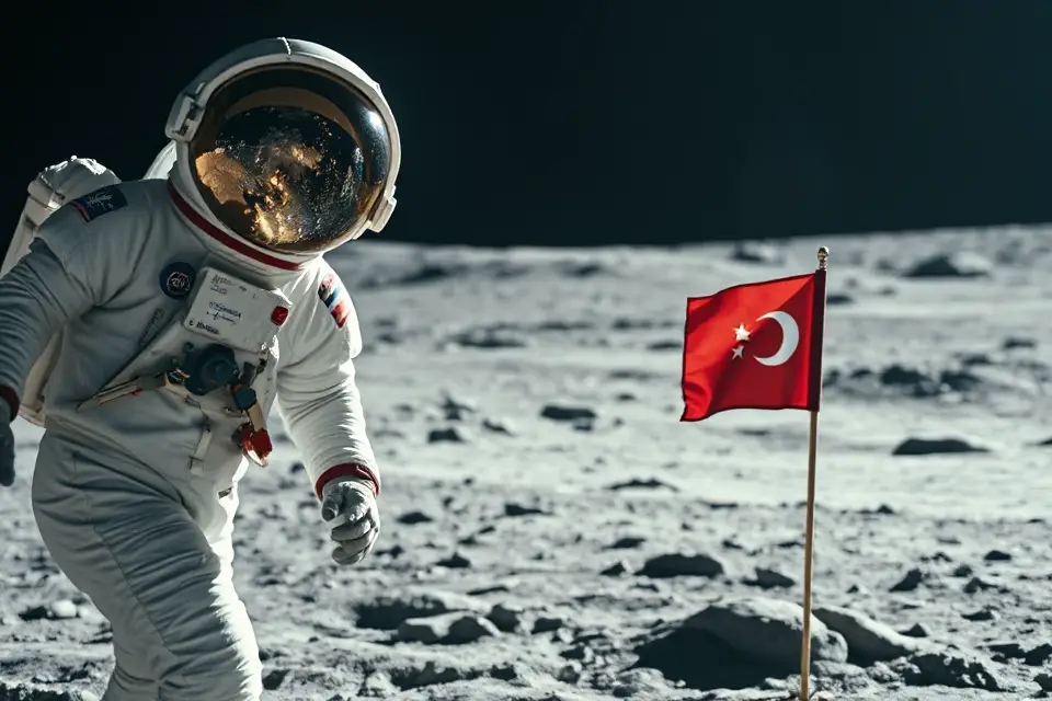 astronaut reflection with flag