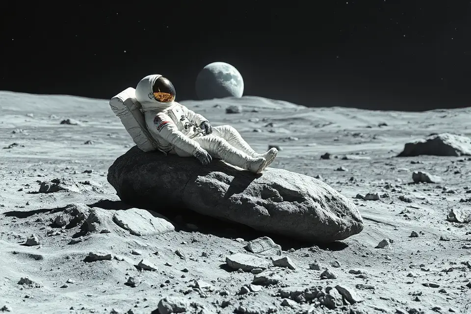 astronaut resting on meteorite