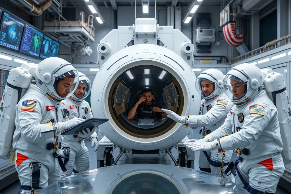 astronaut trainees near capsule