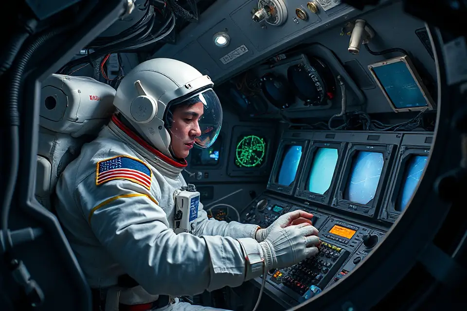 astronaut using space equipment