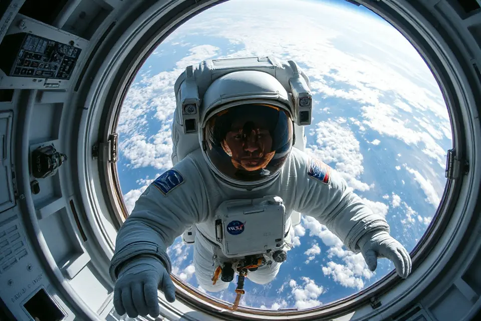 astronaut viewing earth from cupola