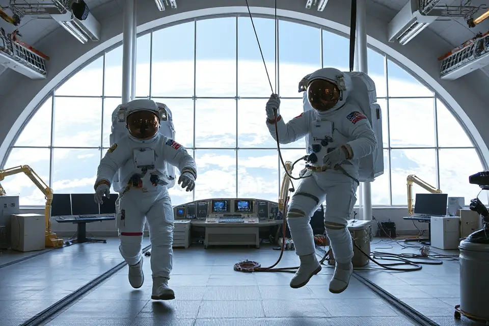 astronauts practicing spacewalk teamwork