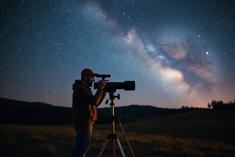 astronomer adjusting telescope outdoors