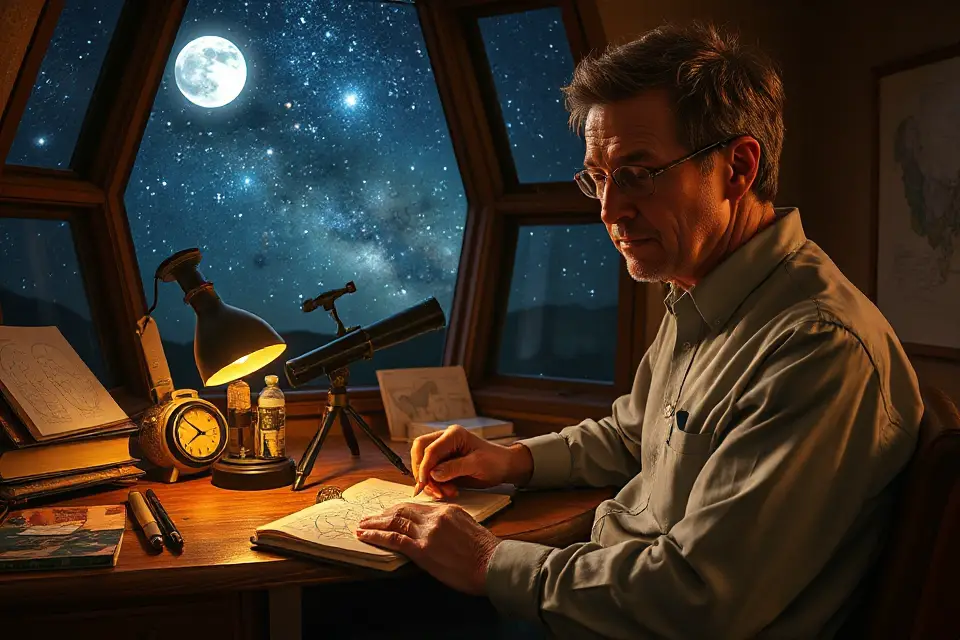 astronomer sketching constellations passionately
