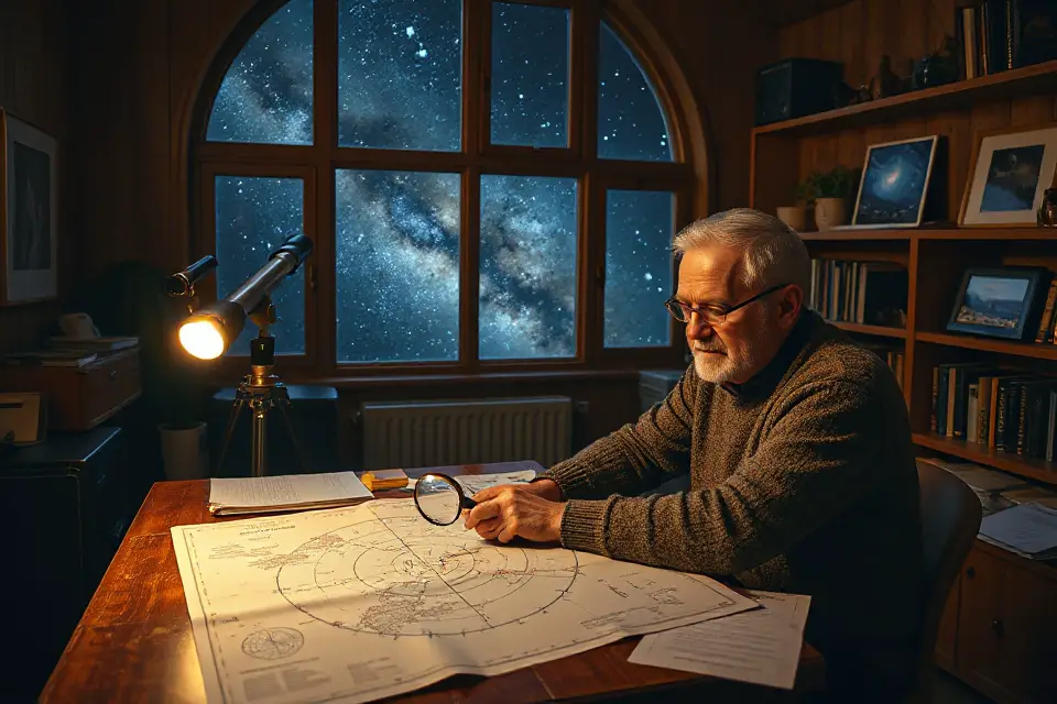 astronomer studying star charts