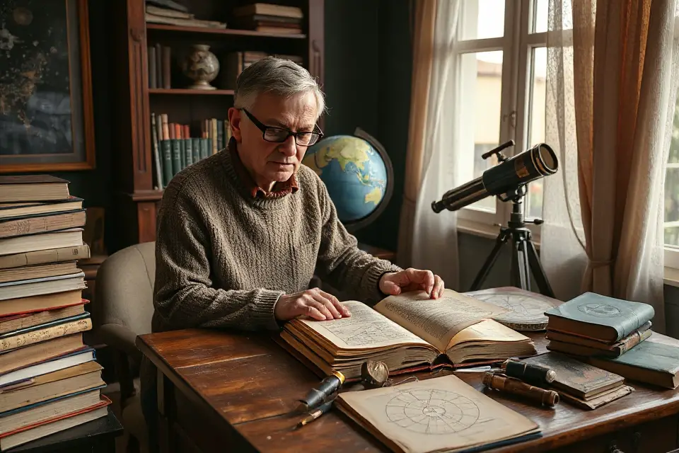 astronomer with vintage books