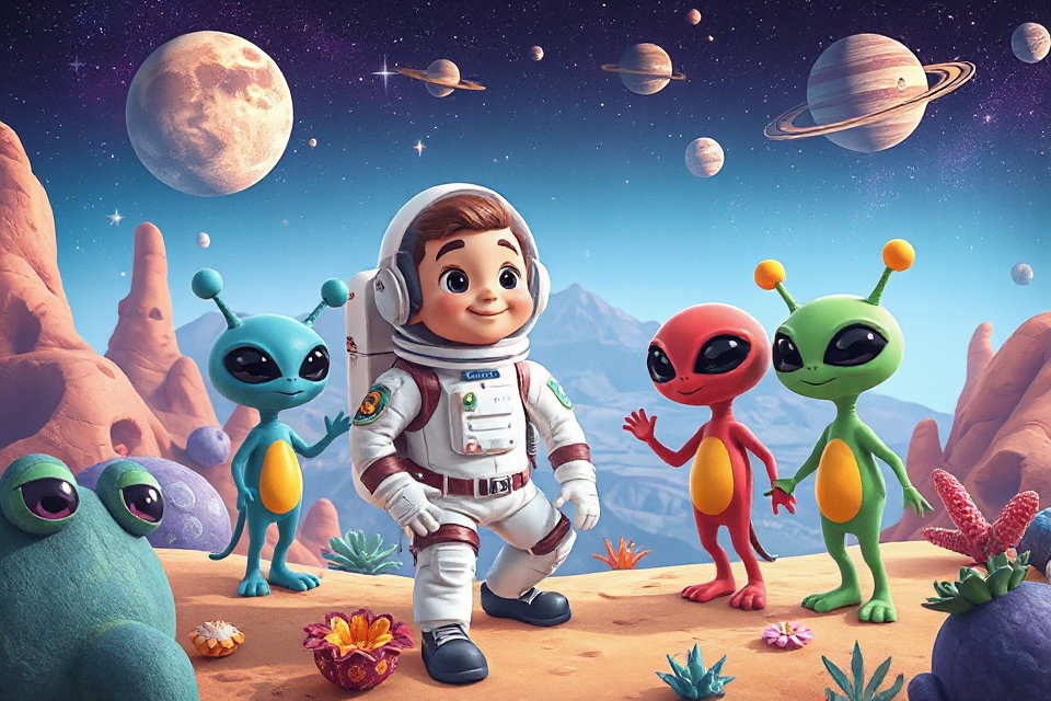 cartoon astronaut meets aliens