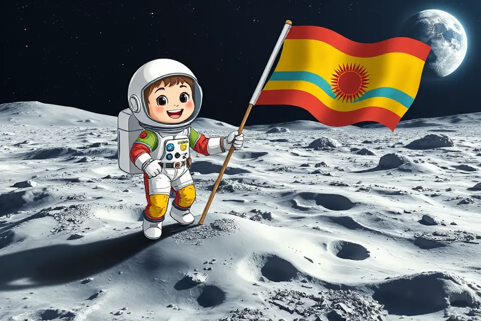 cartoon astronaut moon flag