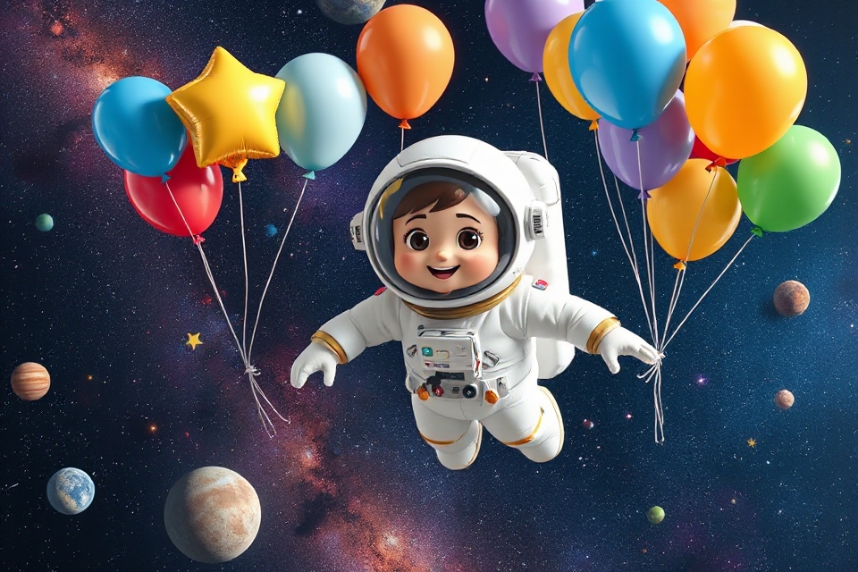 cartoon astronaut with balloons