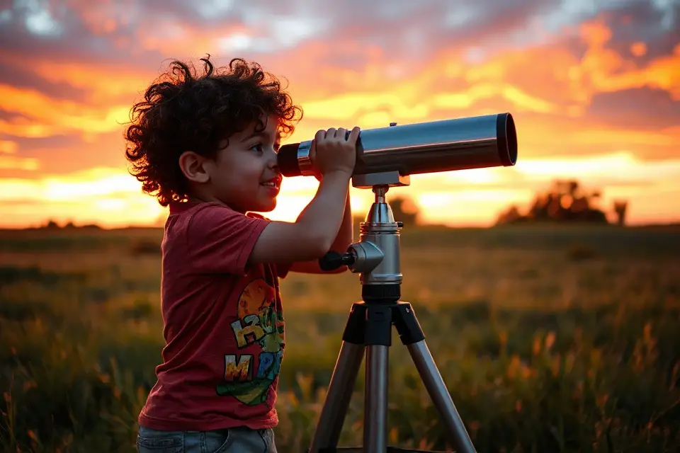 child exploring universe sunset