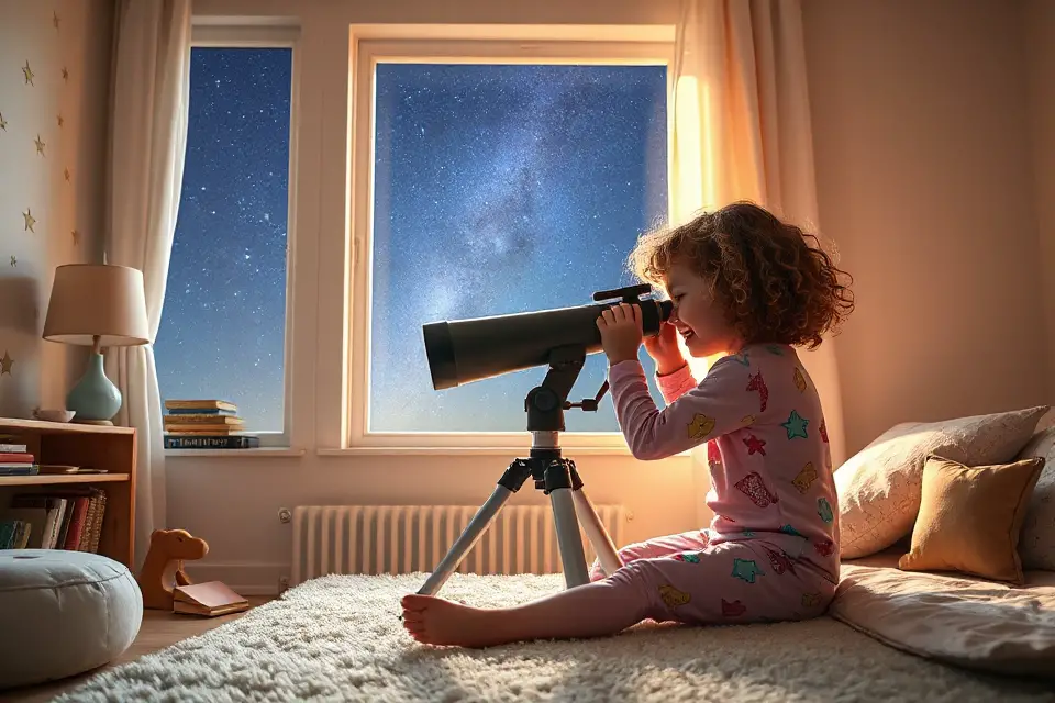 child gazing through telescope