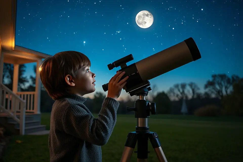 child observing moon telescope