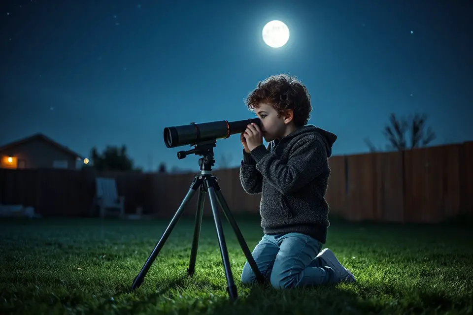 child stargazing with telescope