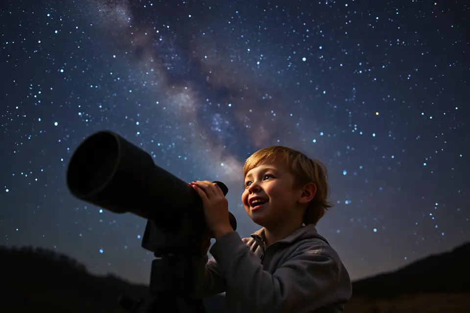child with telescope under stars