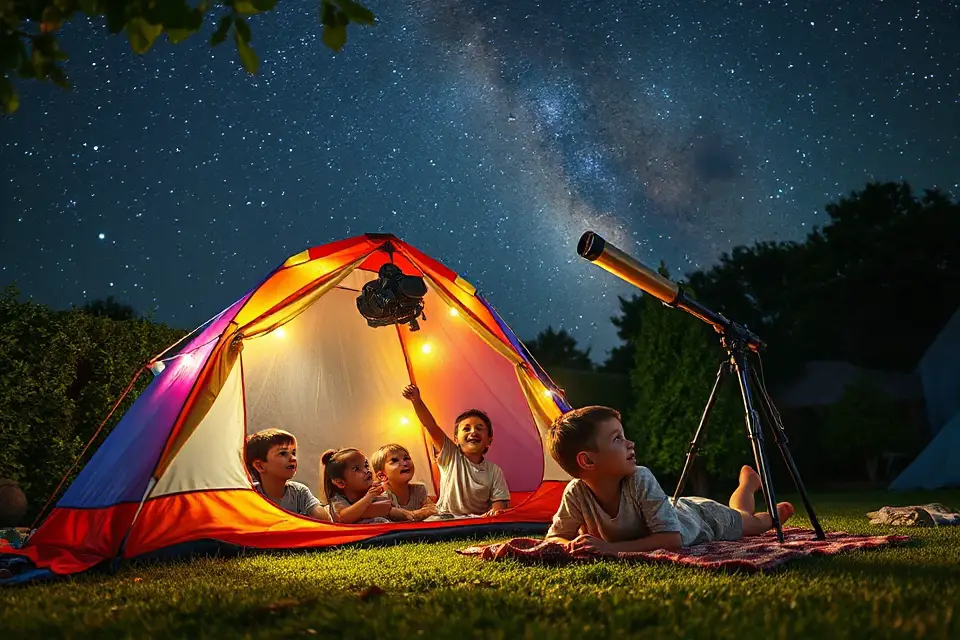 children stargazing in tent