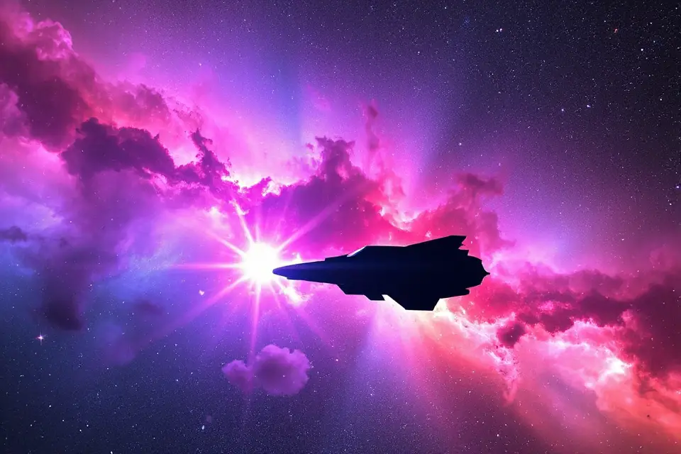 colorful nebula with spacecraft