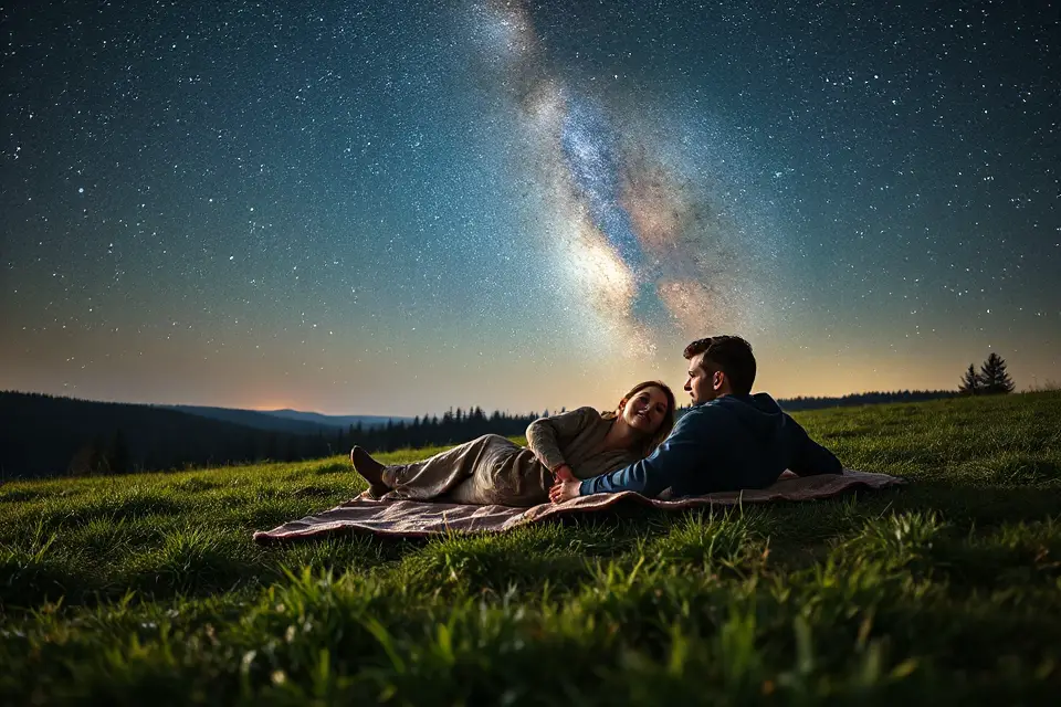 couple stargazing on blanket