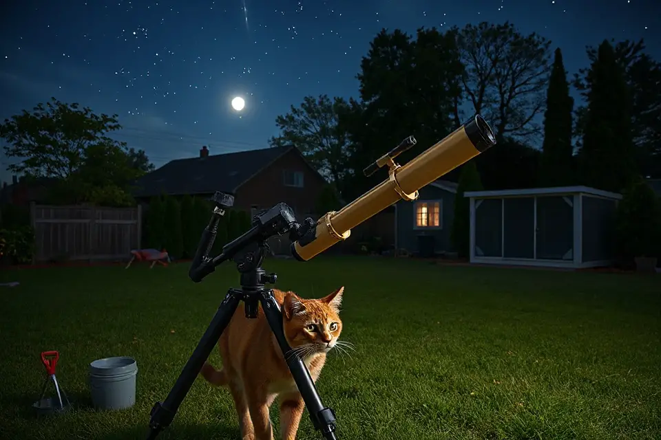 curious cat and telescope