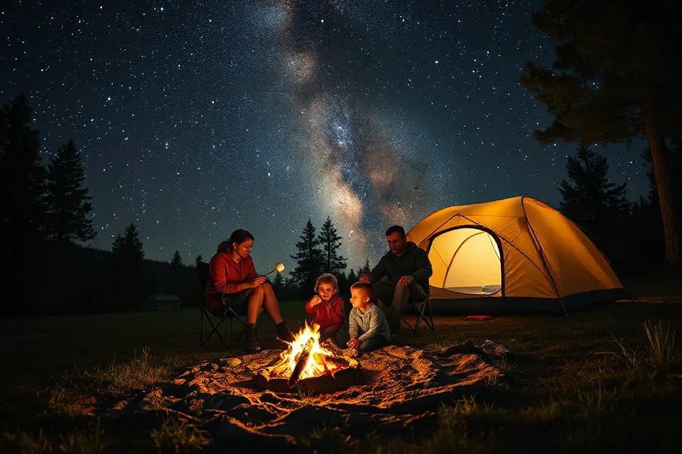 family camping under stars