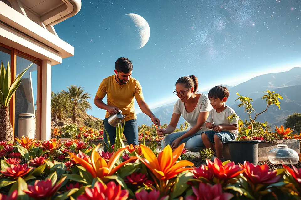 family nurturing alien garden