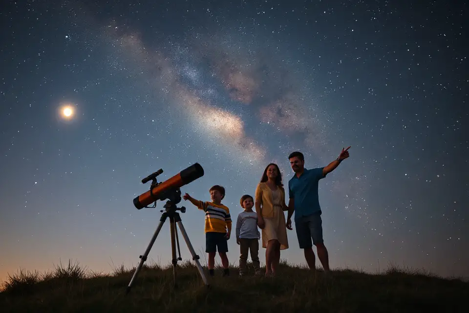 family stargazing with telescope