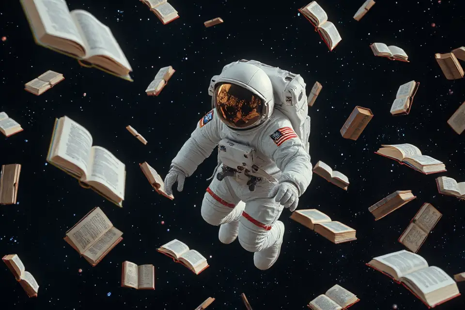 floating astronaut and books